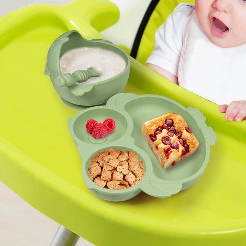 Owl Shape Silicone Baby Feeding Set, Toddler Suction Plates and Bowls Set with Spoons, Kids Silicone Dinnerware Set Eating Utensils, Green...