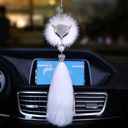 Car Decor Automotive Interior Rearview Mirrors Rearview Mirror Pendant Enchanting White Fox Diamond-Encrusted Plush Pendant Car Accessories Creati...