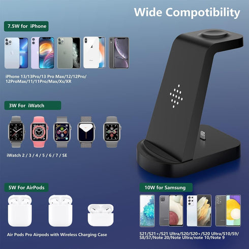 3 in 1 Wireless Charging Station KOOPAO Fast Portable Wireless Charger Dock Stand Compatible with iPhone 14/12/13/11 Pro Max/X/XS/XR/8/8 Plus, iWa...