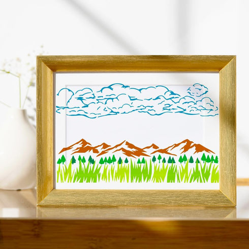 FINGERINSPIRE Natural Scenery Border Painting Stencil 11.8x11.8inch Reusable Grass Pine Trees Mountains Clouds Pattern Drawing Template Decor Sten...