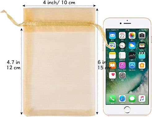 HRX Package 100pcs Gold Organza Gift Bags, 4 x 6 inch Candy Mesh Drawstring Favor Bags Jewelry Pouches for Christmas Wedding Party...