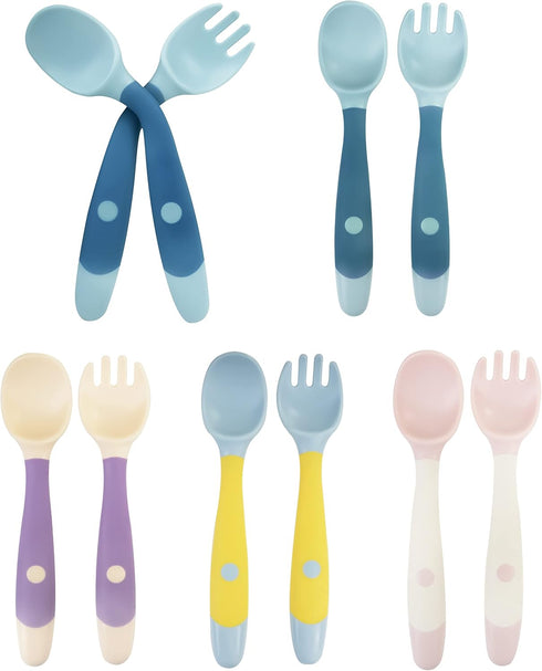 10 Pcs Toddler Utensils, Spoons and Forks Set with Bendable Handle, 5 Toddler Forks and 5 Toddler Spoons, Baby Feeding Set for Self Feeding, Silic...