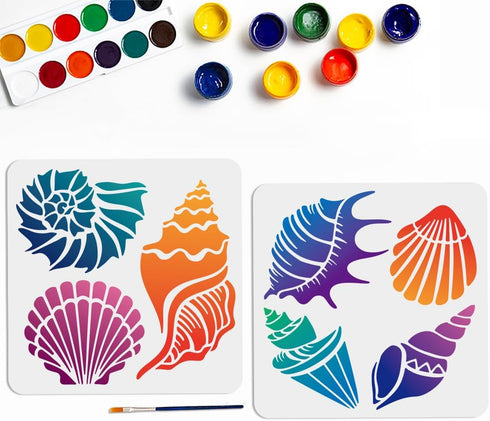 7 Styles Ocean Conch Shell Stencils 11.8×11.8inch Summer Seashell Stencil with Paint Brush Sea Ocean Creatures Drawing Stencil for Canvas Wall Fur...