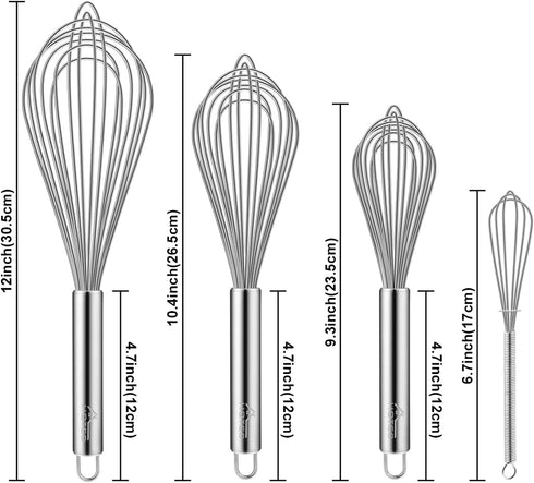HOTEC 4 Pieces Stainless Steel Whisks Set Wire Whisk Balloon Whisk Egg Beater Kitchen Utensils for Stirring, Beating, Blending...