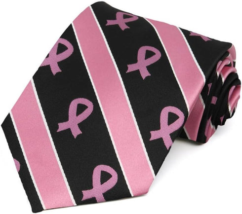 tiemart Pink Ribbon Breast Cancer Awareness Striped Tie in Black...
