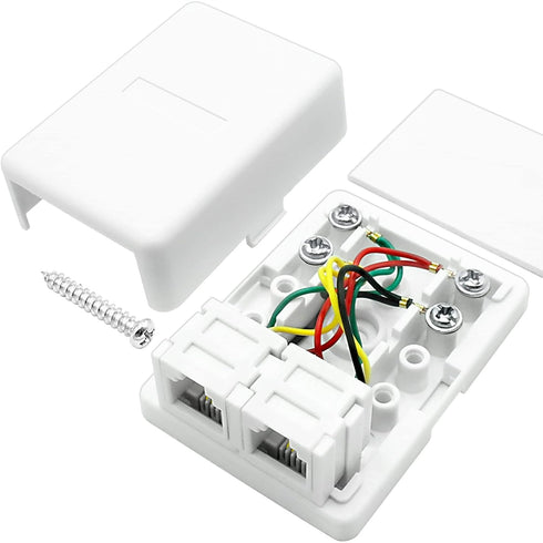 NECABLES Phone Jack Surface Mount Dual Port Telephone Jack Box 4 Screw Terminals to 2 RJ11 6P4C Female White...