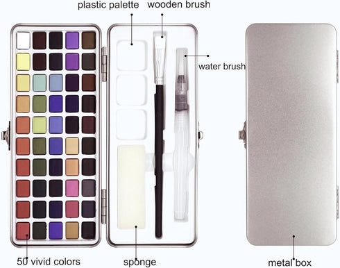 Watercolor Paint Set 50 Vivid Colors, Travel Watercolor Kits with Palette, Brush, Sponge, Ideal for Adults, Kids, Hobbyists, Paingting Lovers, Art...
