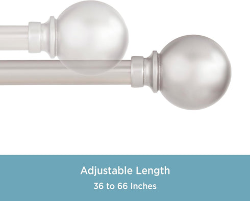 Kenney KN80102 Mercer Ball End Standard Decorative Window Curtain Rod, 36-66" Adjustable Length, Brushed Nickel Finish, 3/4" Diameter Steel Tube...