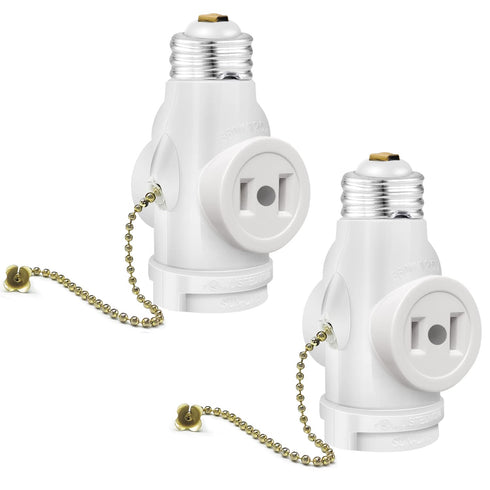 Onite UL Listed E26 to 2 Outlet Socket Adapter, Light Socket to Plug Adapter, Light Holder Splitter, with Pull Chain (5.11inch) Switch, 2-Pack...