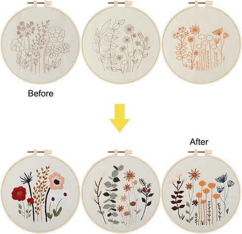 3 Pack Embroidery Starter Kit for Beginners Stamped Cross Stitch Kits with Cute Flowers and Plants Patterns with Embroidery Hoops and Color Thread...