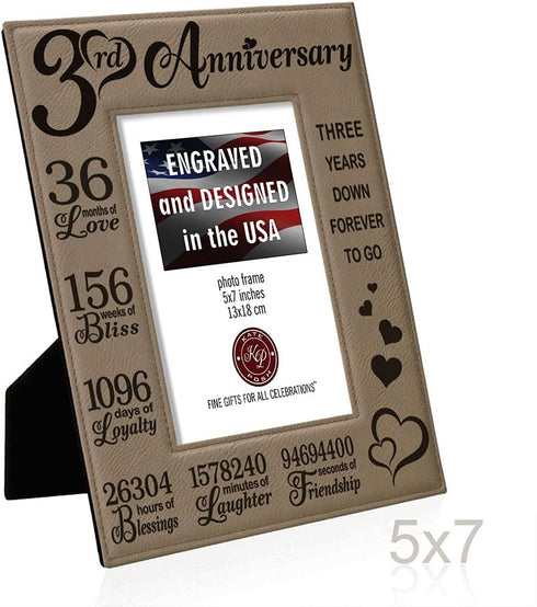 KATE POSH Our 3rd Wedding Anniversary, 3 Years Anniversary, 3 Years of Marriage, Gifts for Couple, Third Anniversary - Engraved Leather Picture Fr...