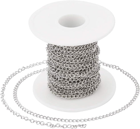 Pandahall 32.8 Feet/10M 304 Stainless Steel Curb Chains with Spool Stainless Steel Color Plated 4x3x1.2mm Soldered Handcraft Chain for Bracelet Ne...