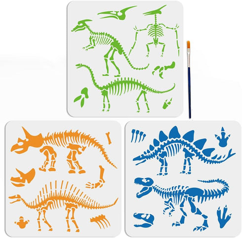 3pcs Dinosaur Skeleton Stencil Template Stegosaurus Triceratops Tyrannosaurus Rex Stencils 11.8×11.8inch with Paint Brush Dinosaur Footprint Stenc...
