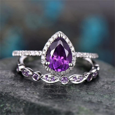 HaoMo 2 Pcs Gorgeous Purple Cubic Zirconia Bridal Prom Engagement Pear Shaped Teardrop Ring Set Marquise Matching Band Amethyst Birthstone Ring Et...