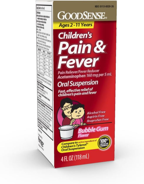 GoodSense Children's Pain Reliever Oral Suspension Liquid, Bubble Gum Flavor, Acetaminophen 160 mg per 5 mL, Effective, Safe Pain Reliever/Fever R...