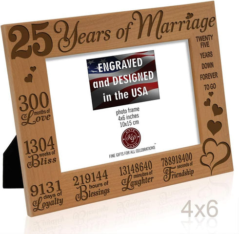KATE POSH 25 Years of Marriage Engraved Natural Wood Frame, 25th Anniversary, Husband & Wife, 25 Years Down Forever to Go, Silver Wedding Annivers...
