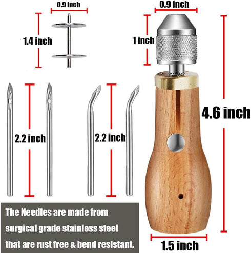 12 Pieces Portable Sewing Awl Kit,Stitching Awl Hand Stitcher Repair Tool Kit for Leather, Heavy Fabrics and Canvas with Needles(Straight and Curv...