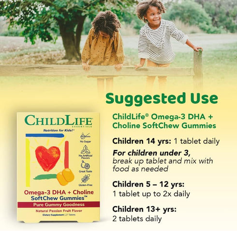 CHILDLIFE ESSENTIALS Omega-3 DHA + Choline SoftChews - All-Natural Support for Optimal Brain & Nervous System Development & Function in Children &...