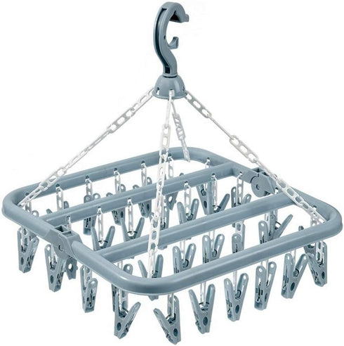 Clothes Drying Hanger with 32 Clips and Drip Foldable Hanging Rack (Light Blue)...