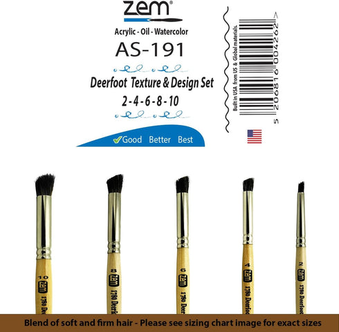 ZEM Brush Premium Hair Deerfoot Stippler Texture Design Brush Set Sizes 2-4-6-8-10...