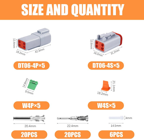 66 PCS Deutsch DT Grey 4 Pin Connectors 5 Set, Waterproof Electrical Wire Connector with Stamped Contacts and Seal Plug for Truck, Off-Road Vehicl...