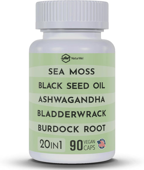 Black Seed Oil 3000mg Sea Moss 3000mg Ashwagandha 1000mg Turmeric 1000mg Burdock 1000mg Bladderwrack 1000mg & Elderberry Manuka Chlorophyll Dandel...
