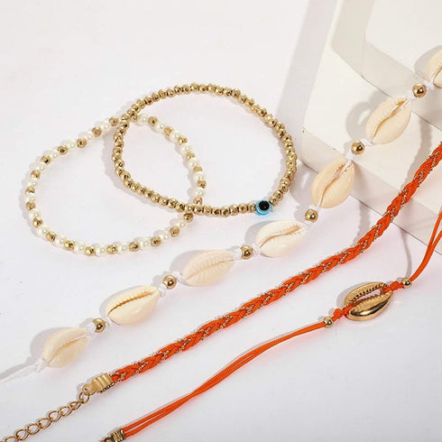 Boho Layered Anklets Shell Ankle Bracelets Gold Beaded Ankle Chain Evil Eyes Braided Rope Handmade Foot Chains Beach Foot Jewelry Sand designed el...