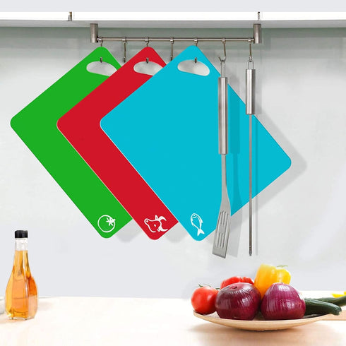 Cutting Board Mats Set, Extra Thick Flexible Plastic Kitchen Chopping Board, Colored Mats with Food Icons & Easy-Grip Handles, Dishwasher Safe, Se...