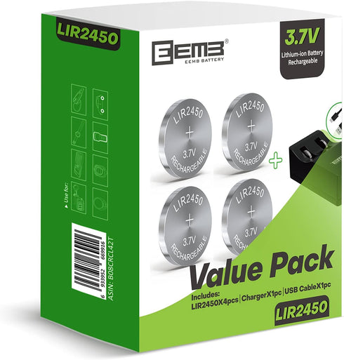 EEMB LIR2450 Rechargeable Battery 2450 Li-ion Battery Charger with 3.7V 120mAh Lithium-ion Coin Cell Battery...