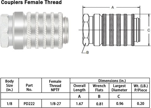 PD222 Series PD Steel Test Port and Diagnostic Equipment Quick Coupler with Female Pipe Thread, 1/8" Body Size, 1/8"-27 NPTF Thread Size, 1.67" Le...