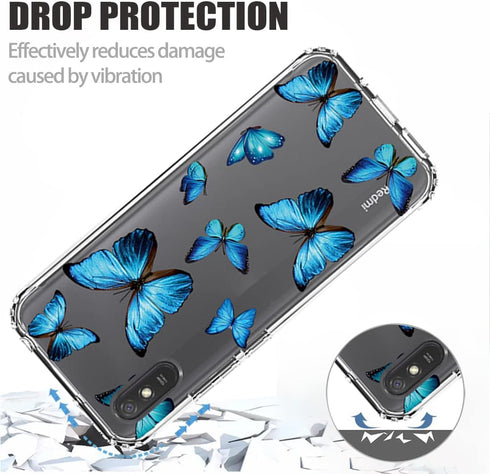 Case for Redmi 9A M2006C3LG/Redmi 9i M2006C3LII Case with Tempered-Glass Screen Protector, Clear Butterfly Pattern Full Body Protective Phone Cove...