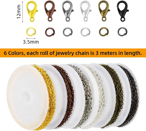 6 Rolls Jewelry Making Chains with Lobster Clasps & Jump Rings 59 Feet Chain Making Kit for DIY Craft Necklace Bracelet Earring Cable Link Chain J...