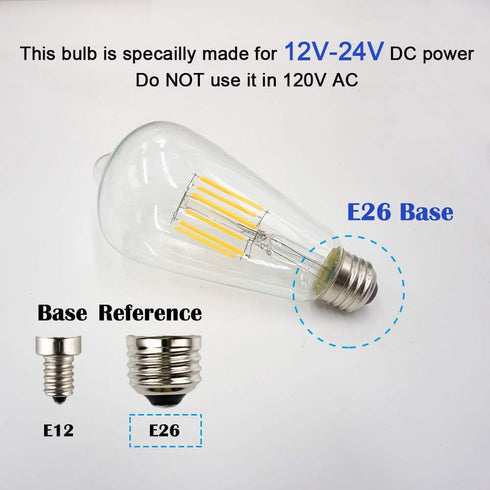 Low Voltage DC 12V/24V 6W LED Bulb, Edison Style ST21(ST64) Antique Shape, 12V PWM DC Dimmer, E26 Common Base, Warm White Light, 600LM, 60W Incand...