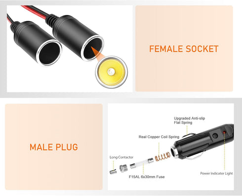 Pack-1 Car Cigarette Lighter Extension Cord, 11.8" PVC Splitter Y Adapter, Power Charger Port, 16AWG Automotive Socket Extension Cable, Universal ...