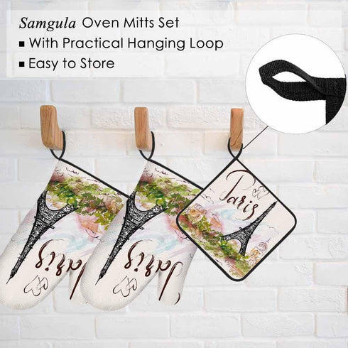 Paris Oven Mitts and Pot Holders Sets Eiffel Tower Pink Romantic City Heat Resistant 3pcs for Cooking Baking BBQ...