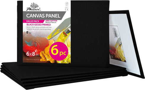 PHOENIX Black Canvas Boards for Painting - 6x8 Inch, 6 Pack - Small Square Canvases Gesso Primed Cotton Acid Free, Blank Flat Canvas Panel for Acr...
