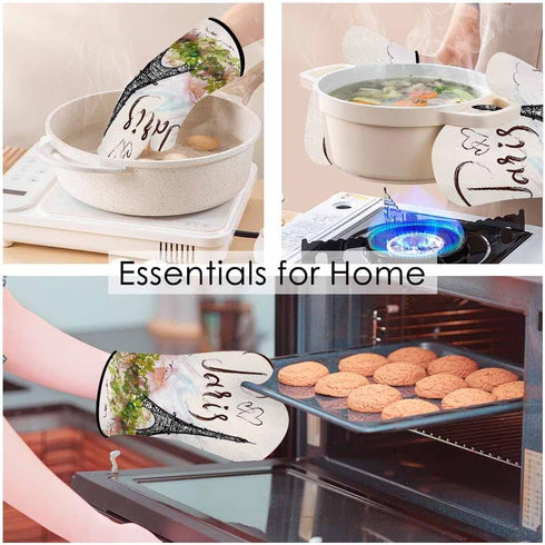 Paris Oven Mitts and Pot Holders Sets Eiffel Tower Pink Romantic City Heat Resistant 3pcs for Cooking Baking BBQ...