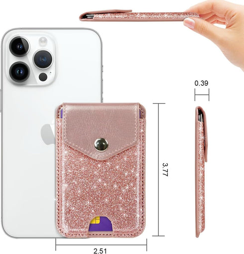 Self Adhesive Card Holders for Back of Phone, Cute Leather RFID Phone Wallet Pockets with Snap, Slim Card Holders Sleeve for Phone Case, Glitter R...
