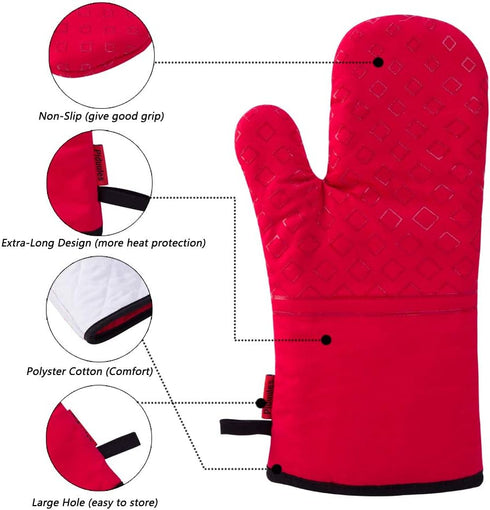 Set of 4 Oven Mitts and Pot Holders, 482 F Heat Resistant Hot Plate Moving Non-Slip Gloves for BBQ, Grill, Baking, Cooking, Oven, Microwave (Red)...