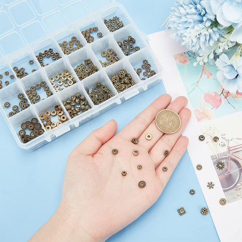 PH PandaHall 540pcs 18 Styles Spacer Beads, Antique Bronze Tibetan Alloy Jewelry Beads Bicone Flower Metal Spacers for Bracelet Necklace Jewelry M...