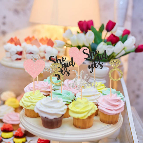 Donoter 48 Pcs He Asked She Said Yes Cupcake Toppers Diamond Ring Heart Cake Picks for Wedding Engagement Party Table Decorations...