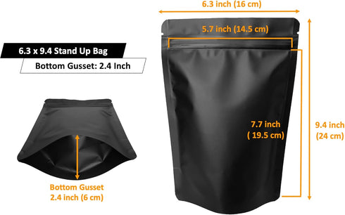100 Pack Matte Black Mylar Stand Up Bags - 6.3x9.4 Inches Smell Proof Resealable Pouch Bag, Heat Sealable Foil Packaging Zipper Pouches for Food S...