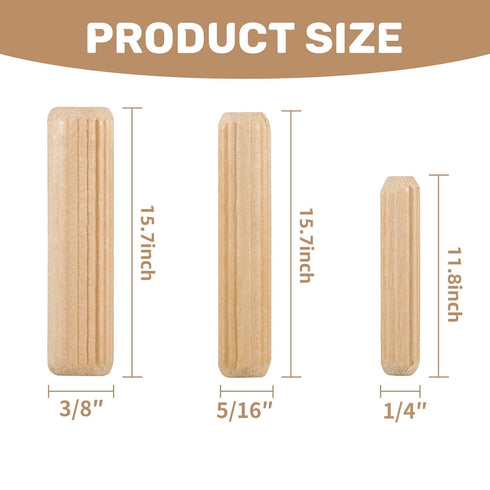 Sukh 200Pcs Wooden Dowel Pins - Wooden Dowels Fluted Wood Dowel Pins with 1/4?5/16 and 3/8-inch for Joining in Furniture, Cabinets and Other Woodw...