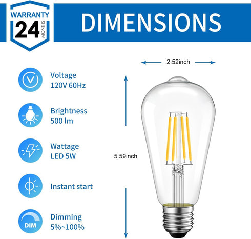 ANWIO Dimmable Vintage LED Edison Bulbs, 5W, Equivalent 60W, 500lm, Warm White Light 2700K, 80+ CRI, ST21 Antique LED Filament Bulbs, E26 Medium B...