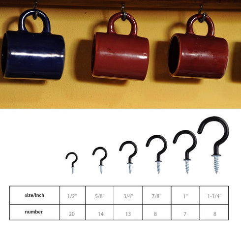 KUUQA Cup Hook Kit Black Vinyl Coated Ceiling Screw Mug Hooks, 70 Pieces, 6 Sizes...