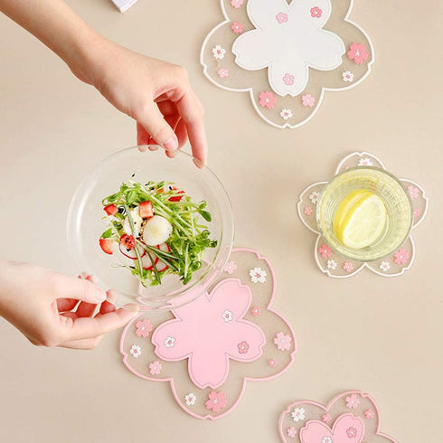 Sakura Coffee Cup Mat Kawaii Coaster 2PCS Cute Cherry Blossom PVC Home Tea Mug Pink Flower Pattern Anti-Skid Pot Bowl Pad Placemat for Desk Drink ...