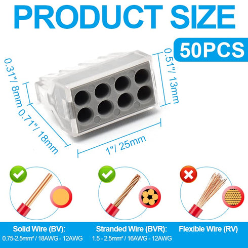 50pcs 8 Port Push-in Electrical Wire Connector, PCT-108 Quick Connection Terminal Compact Wire Connector for 18-12 AWG Solid Stranded Wires...