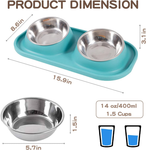 BNOSDM Double Dog Bowl Tilted Raised Stainless Steel Dog Bowls with Plastic Mat, Cat Basic Food and Water Bowl Set for Small Dog Pet Kitten Puppy...