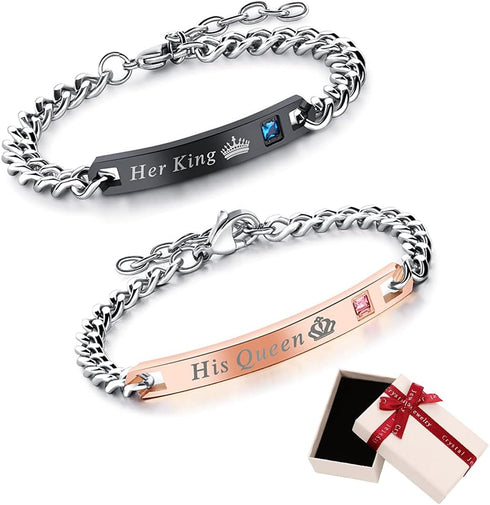 2pcs King and Queen Matching Set His Hers Couples Bracelets Cubic Zirconia Bracelets Link Chain Crown Bracelets Gift Jewelry for Lover Anniversary...