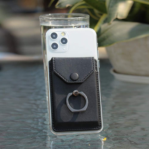 Ring Stand Stick on Wallet Cell Phone Slim Leather Wallet Stick on Wallet Credit Card RFID Blocking Sleeve Black...